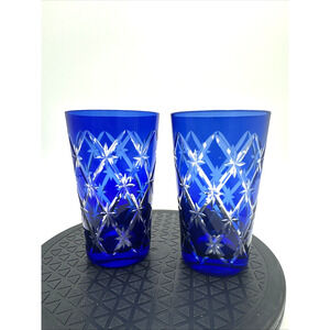 2 Diamond Cut Clear Crystal Glasses Cobalt Blue Starburst EUC